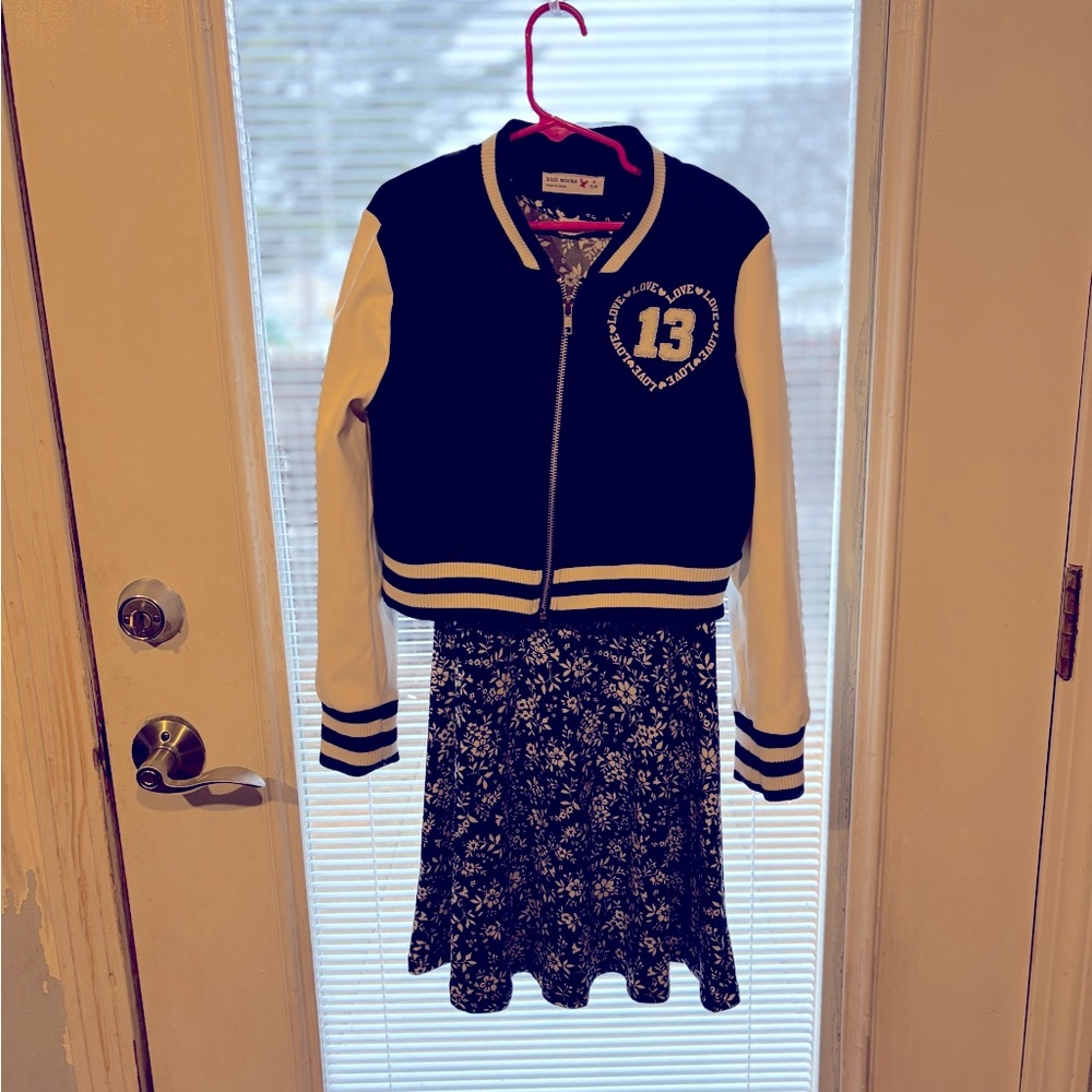 Black and White Varsity Jacket with Floral Dress